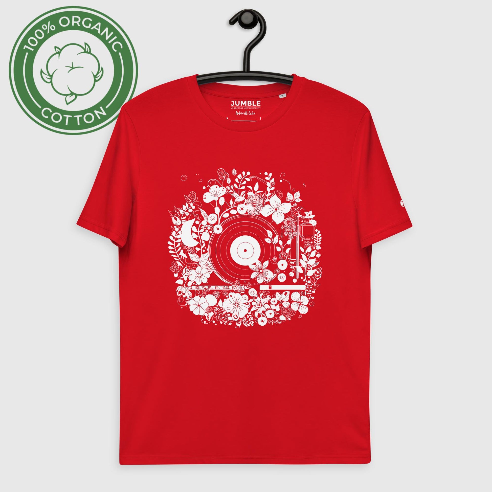 Inkwell Echo Unisex organic cotton t-shirt, in red. Displayed on a hanger