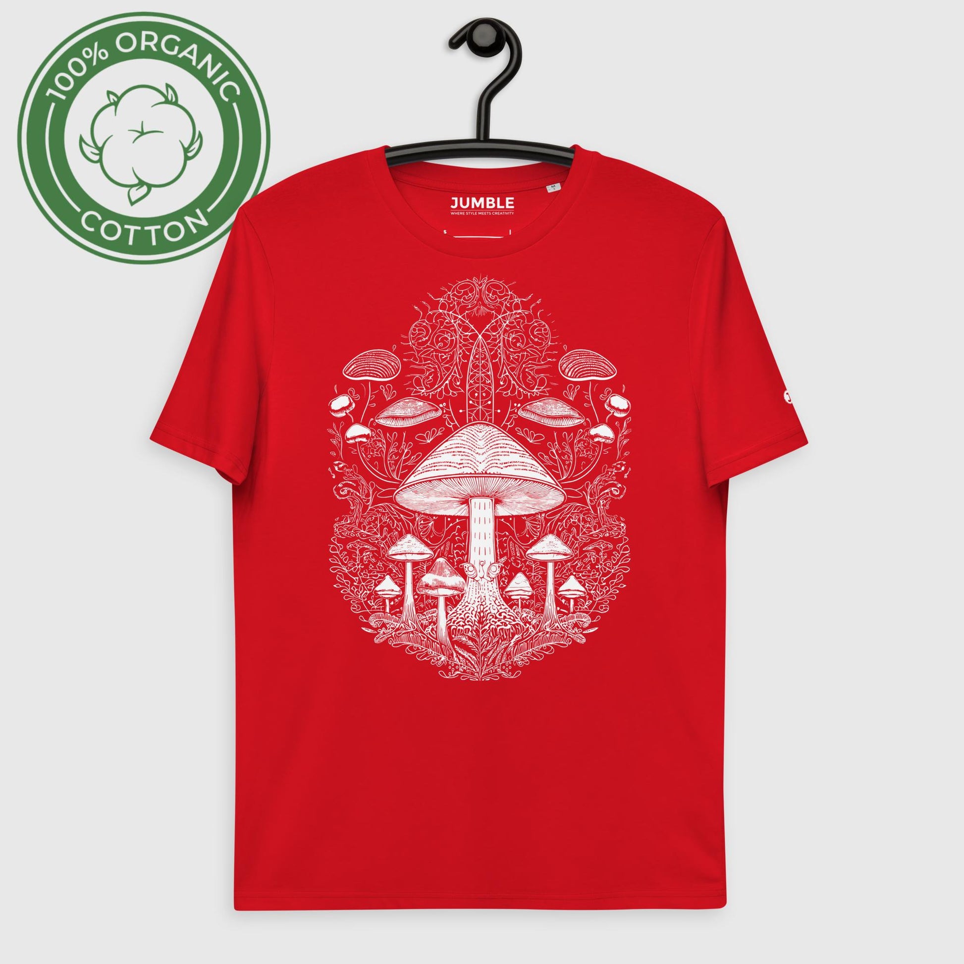 red Fungal Network  Unisex organic cotton t-shirt on a hanger