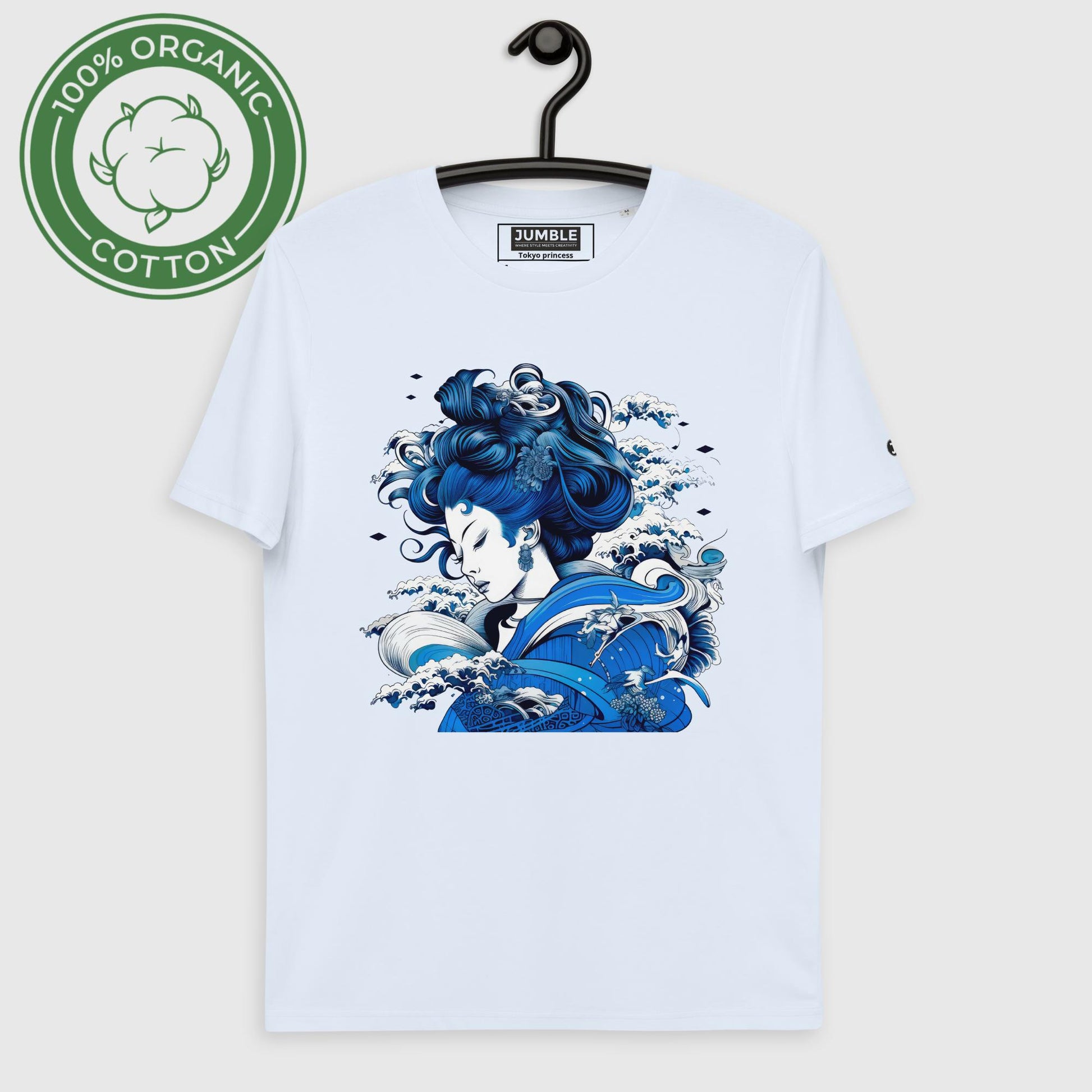 Tokyo Princess Unisex organic cotton t-shirt- in serene blue, on hanger