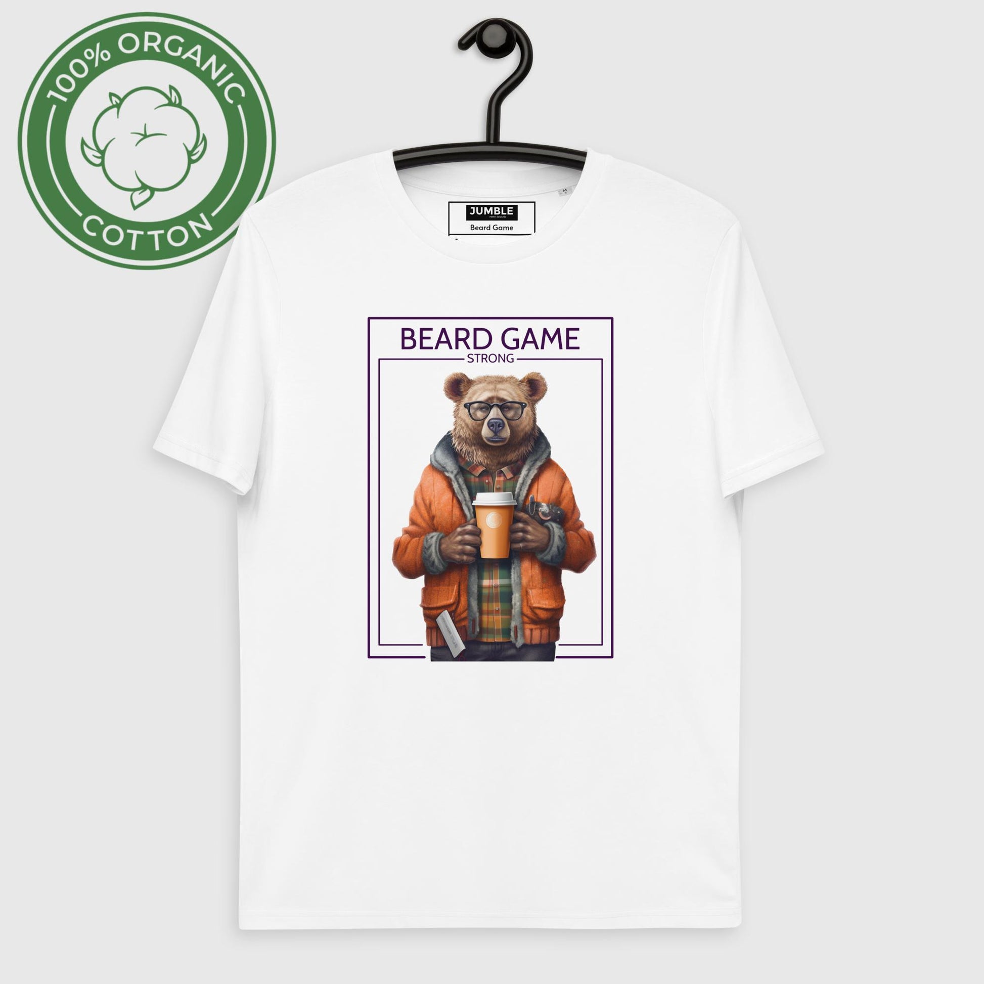 Beard Game Organic Cotton T-shirt in White on hanger
