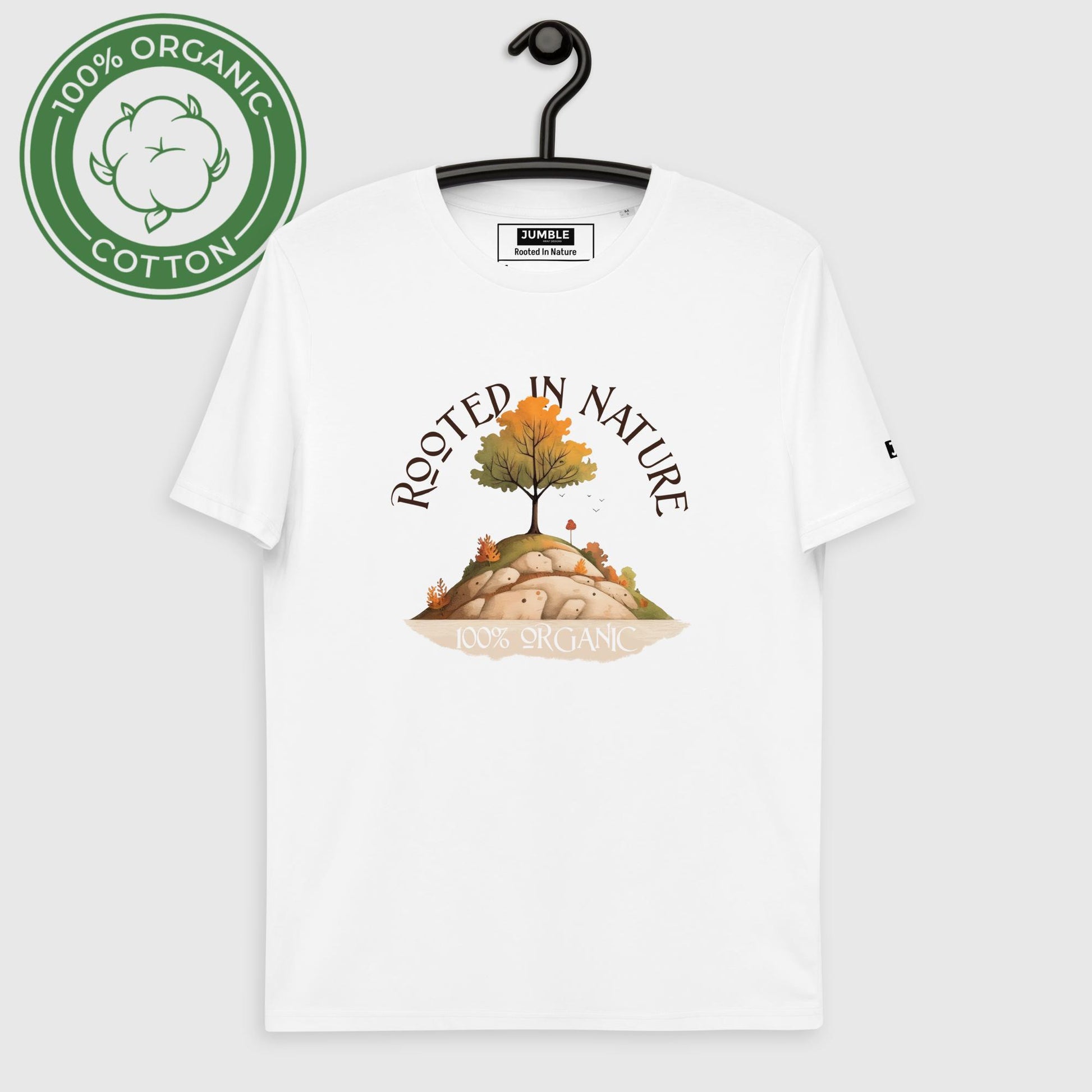 Rooted in Nature Unisex organic cotton t-shirt- in white -on hanger