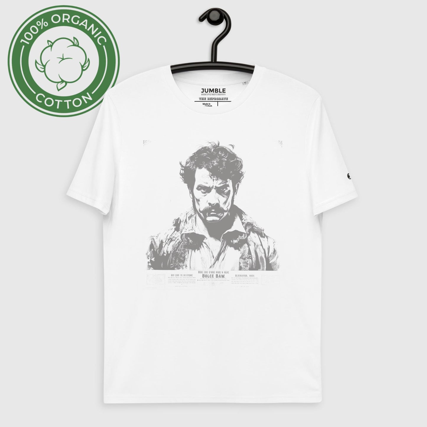 The Reprobate Unisex Organic Cotton T-shirt in white on hanger