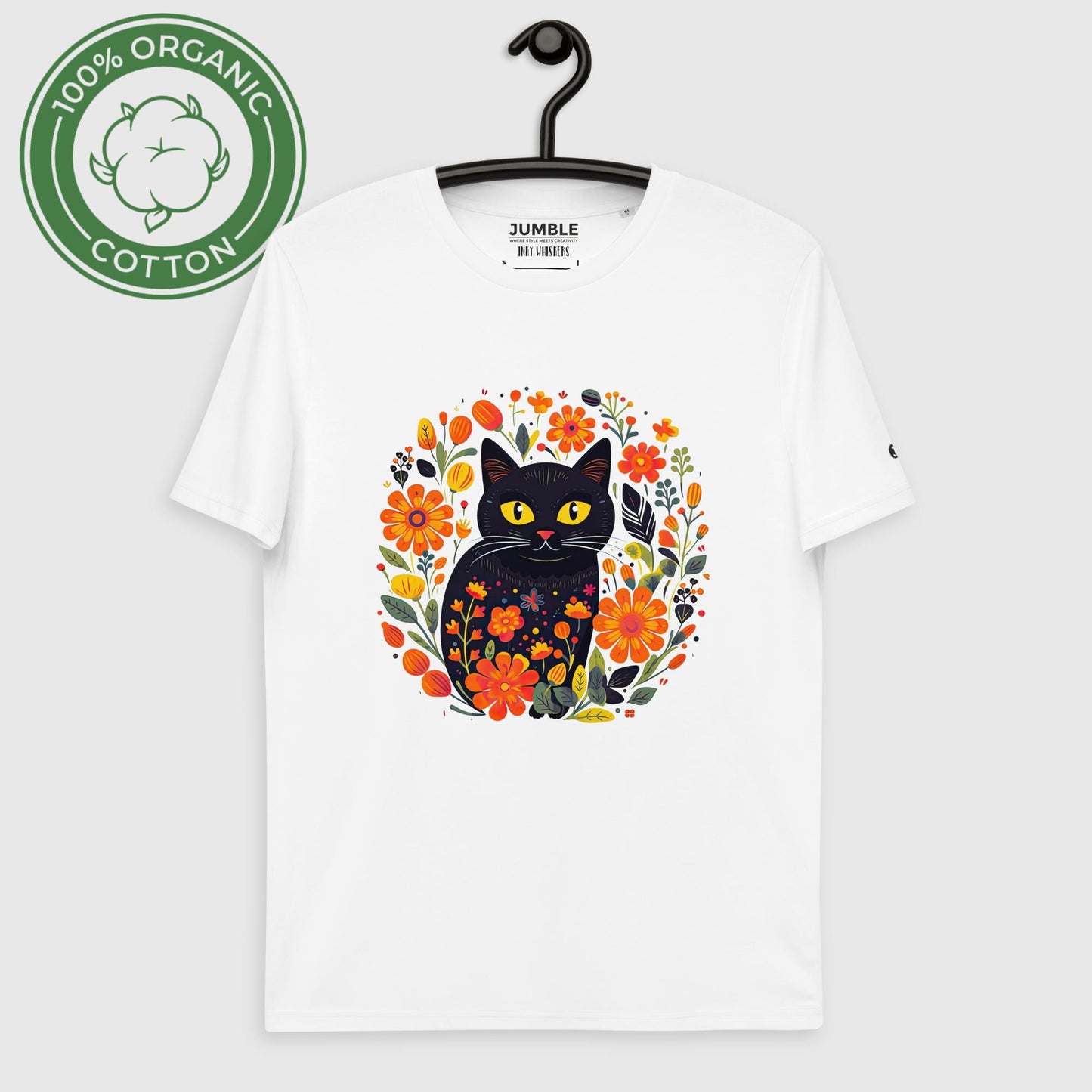 Inky Whiskers Unisex organic cotton t-shirt, in white. Displayed on hanger