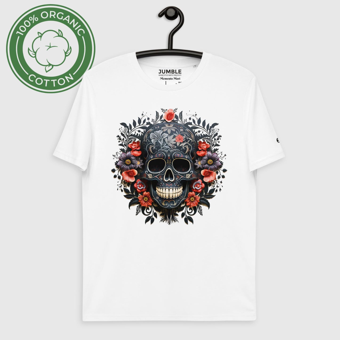 Memento Mori Unisex organic cotton t-shirt, displayed on a hanger