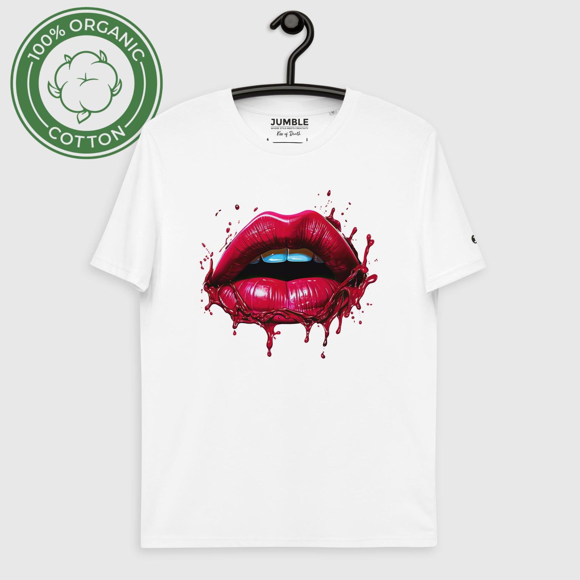 white Kiss of Death Unisex organic cotton t-shirt, on hanger