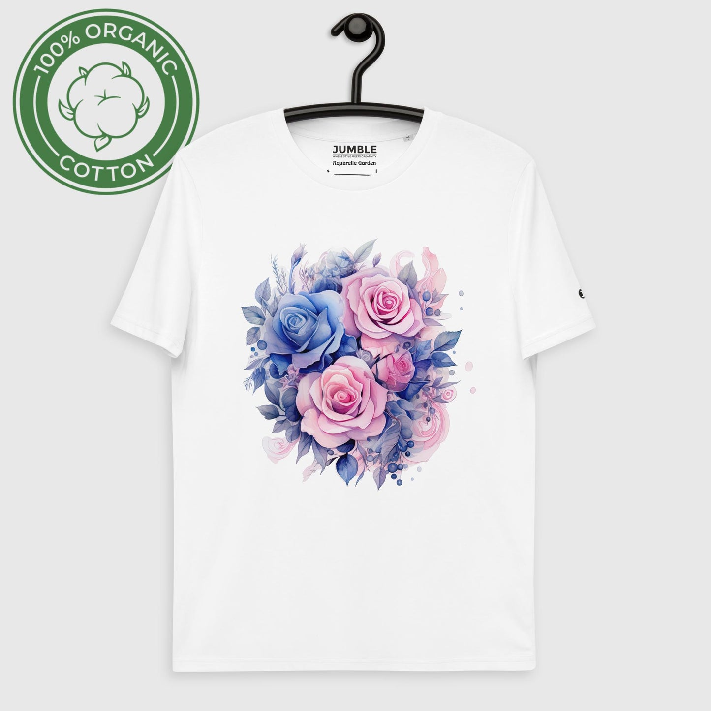 Aquarelle Garden Unisex organic cotton t-shirt displayed on a hanger