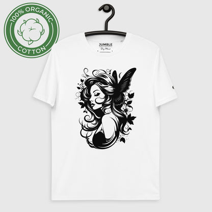 white Fey Muse Unisex organic cotton t-shirt displayed on a hanger