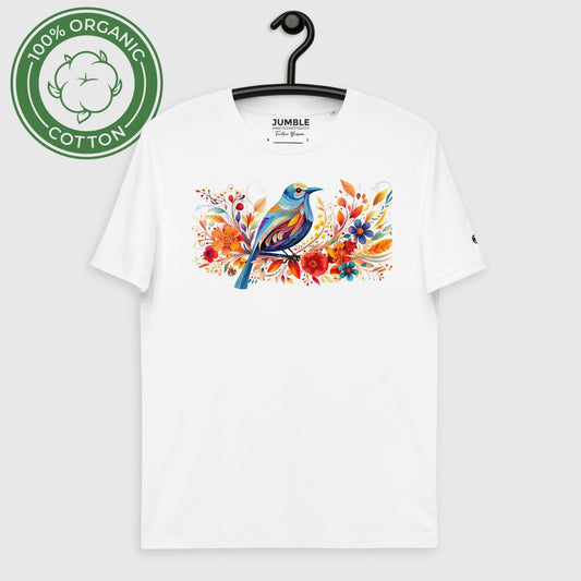 Feather Blossom Unisex organic cotton t-shirt displayed on a hanger