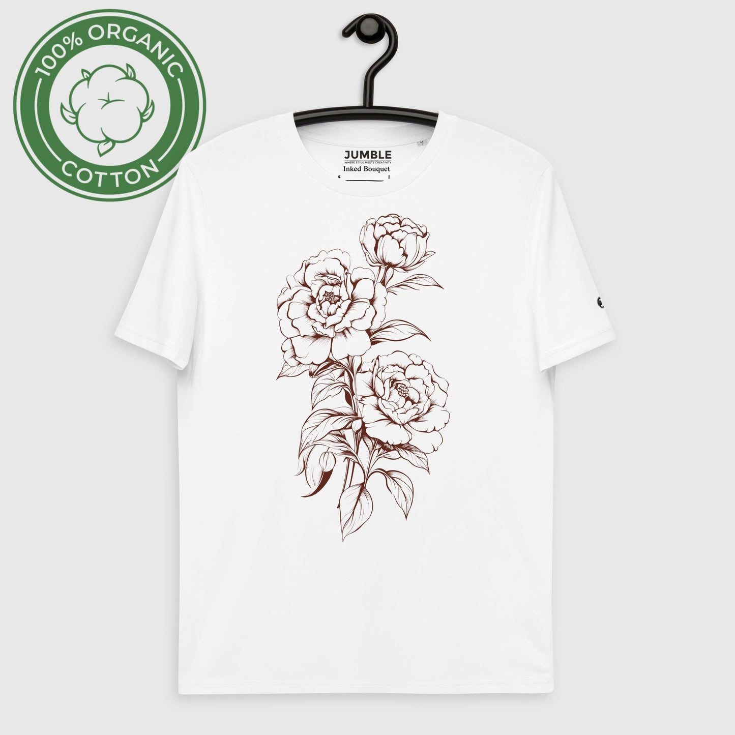 Inked Bouquet Unisex organic cotton t-shirt displayed on a hanger