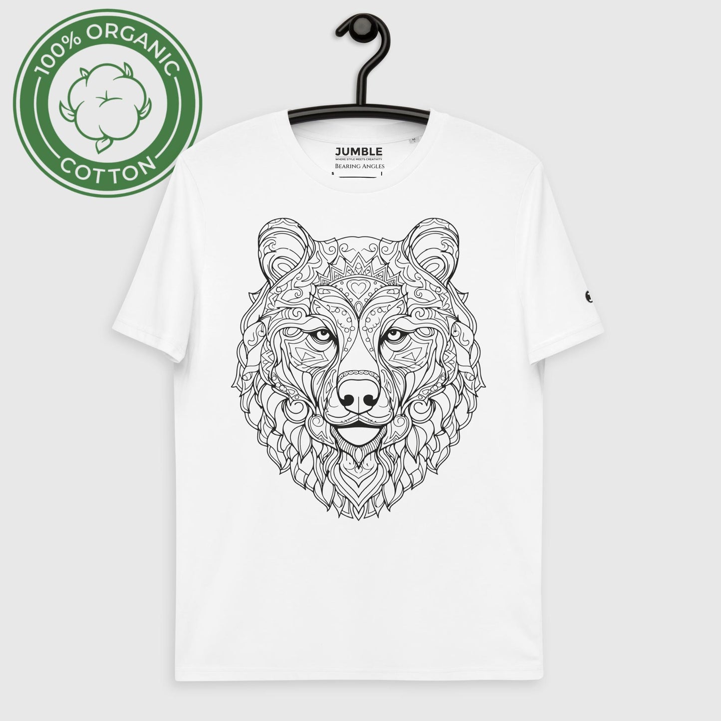 white Bearing Angles Unisex organic cotton t-shirt on a hanger