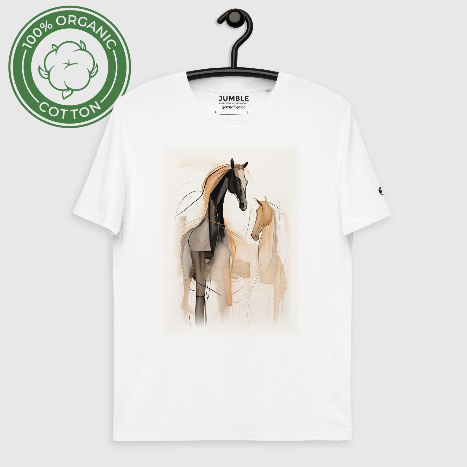 Serene Equine Unisex organic cotton t-shirt displayed on a hanger  