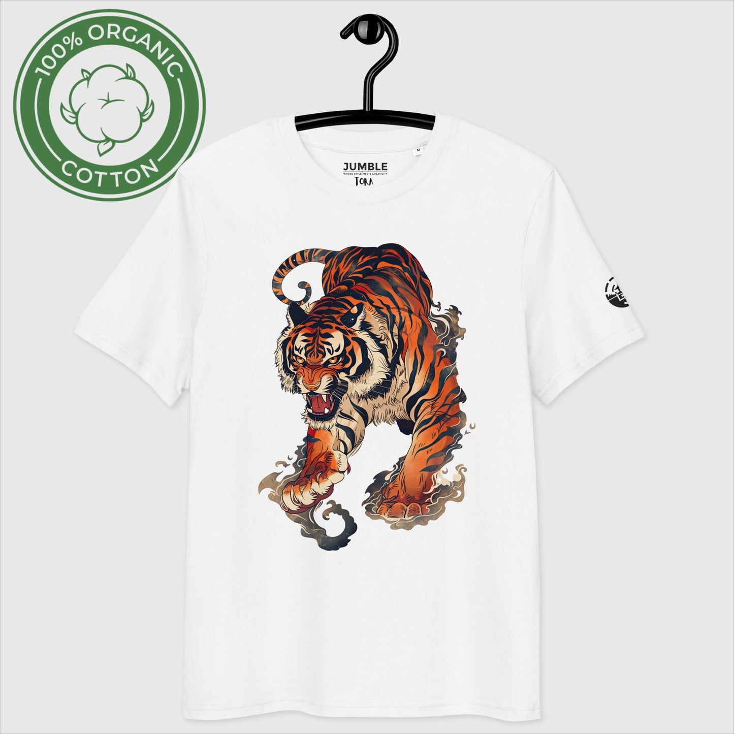 white Tora 虎 Premium organic cotton t-shirt on a hanger