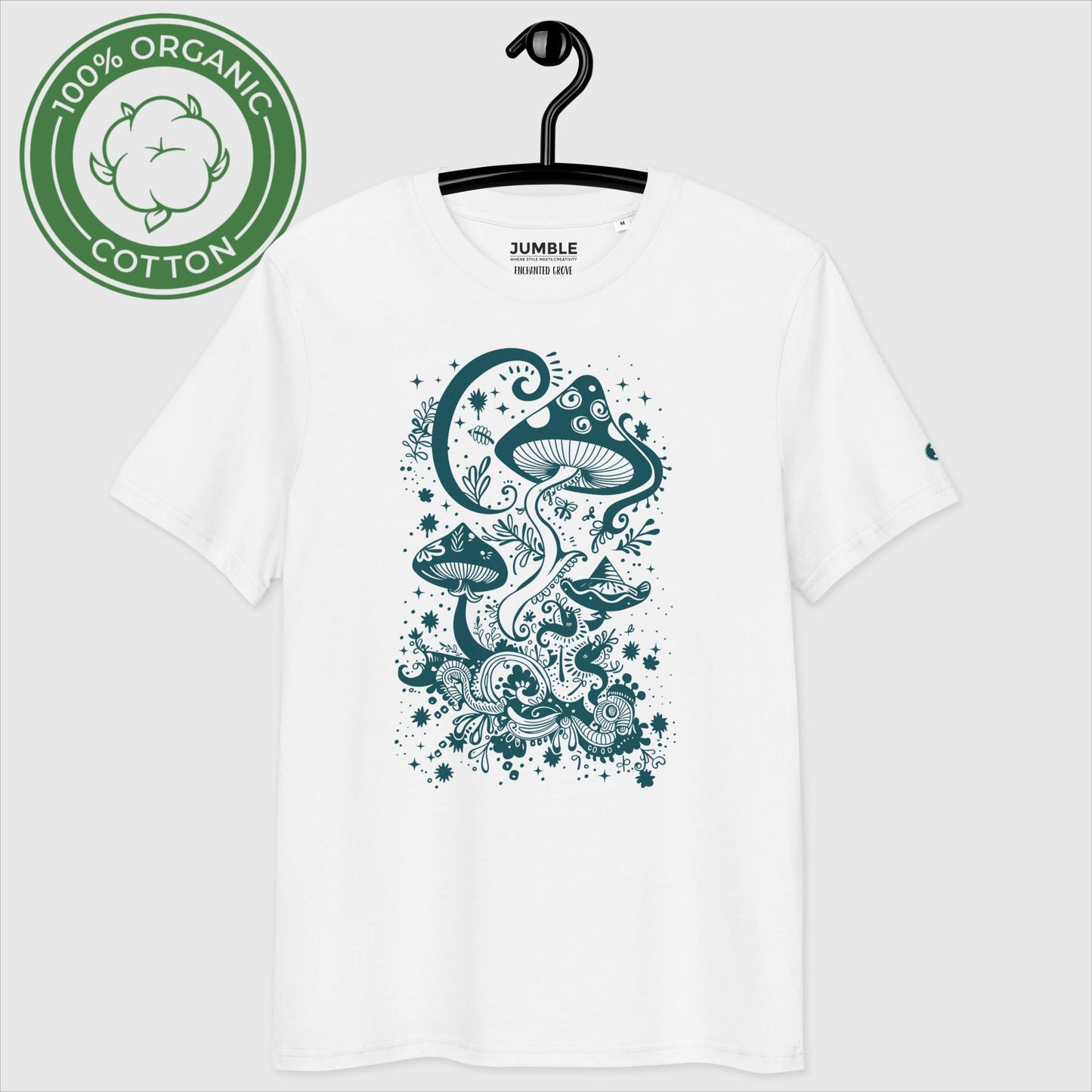 white Enchanted Grove Premium Unisex organic cotton t-shirt on a hanger