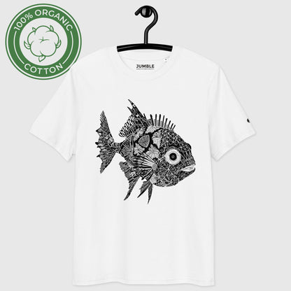 white Puffer's Maze Premium Unisex organic cotton t-shirt on a hanger