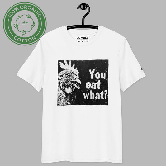 What The Cluck Premium Unisex organic cotton t-shirt on a hanger