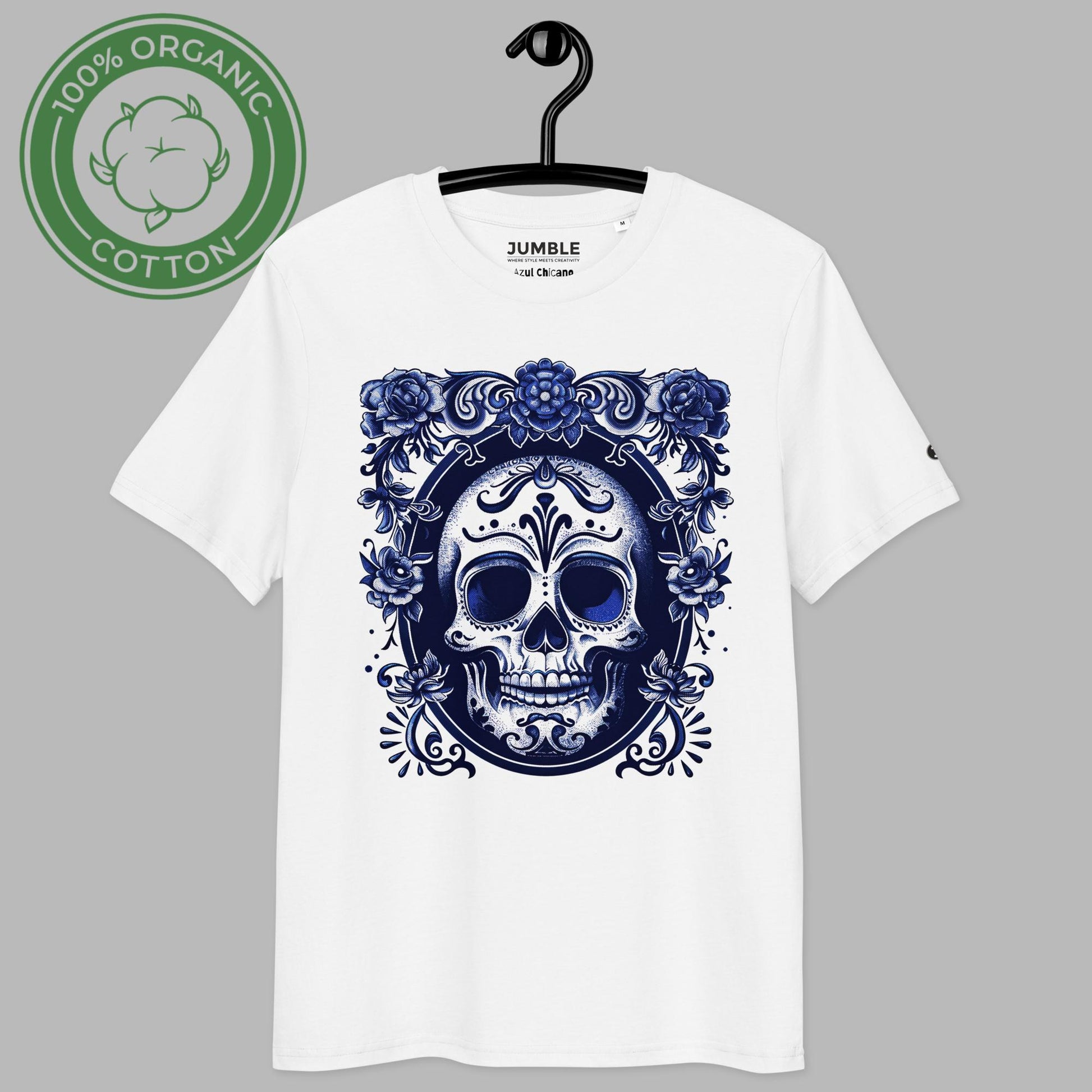 Azul Chicano Premium Unisex organic cotton t-shirt on a hanger