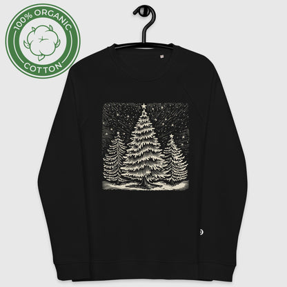 Chiaroscuro Christmas Unisex organic raglan sweatshirt displayed on hanger