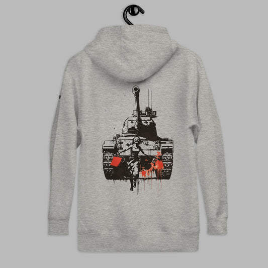 carbon grey The War on Wants Unisex Premium Hoodie | Cotton Heritage displayed on a hanger