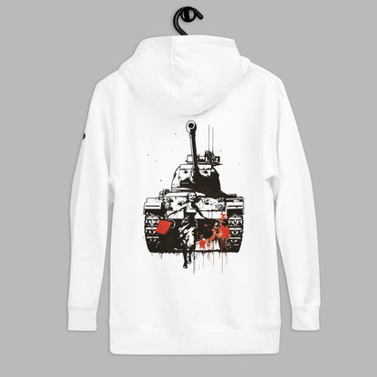 white The War on Wants Unisex Premium Hoodie | Cotton Heritage displayed on a hanger