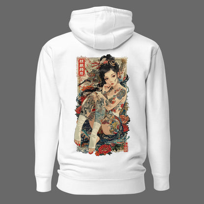 back view of white Irezumi Unisex Premium Hoodie | Cotton Heritage