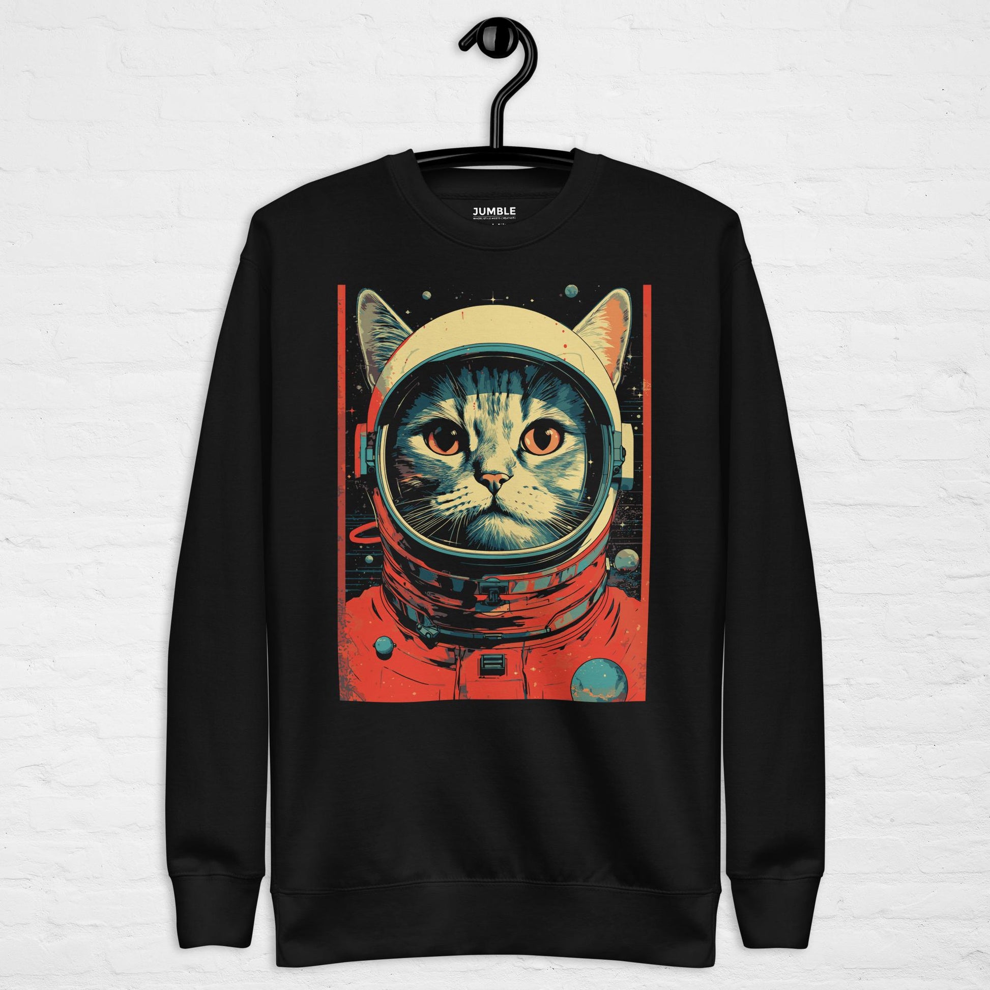 black Cosmic Kitty- Unisex Premium Sweatshirt displayed on a hanger