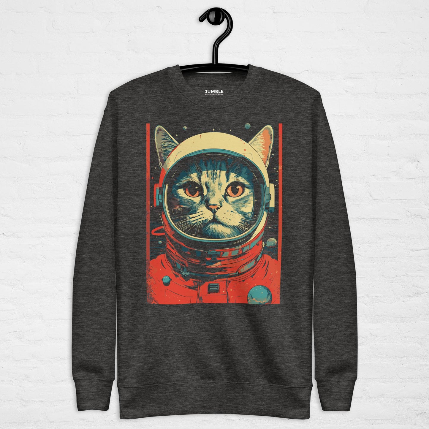 charcoal Cosmic Kitty- Unisex Premium Sweatshirt displayed on a hanger