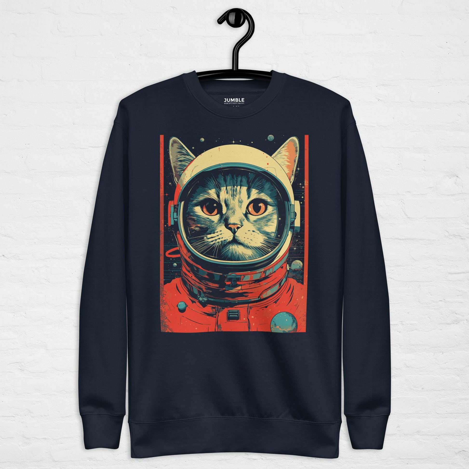 navy blazer Cosmic Kitty- Unisex Premium Sweatshirt displayed on hanger