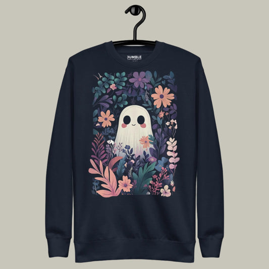 Garden Ghost Unisex Premium Sweatshirt on a hanger