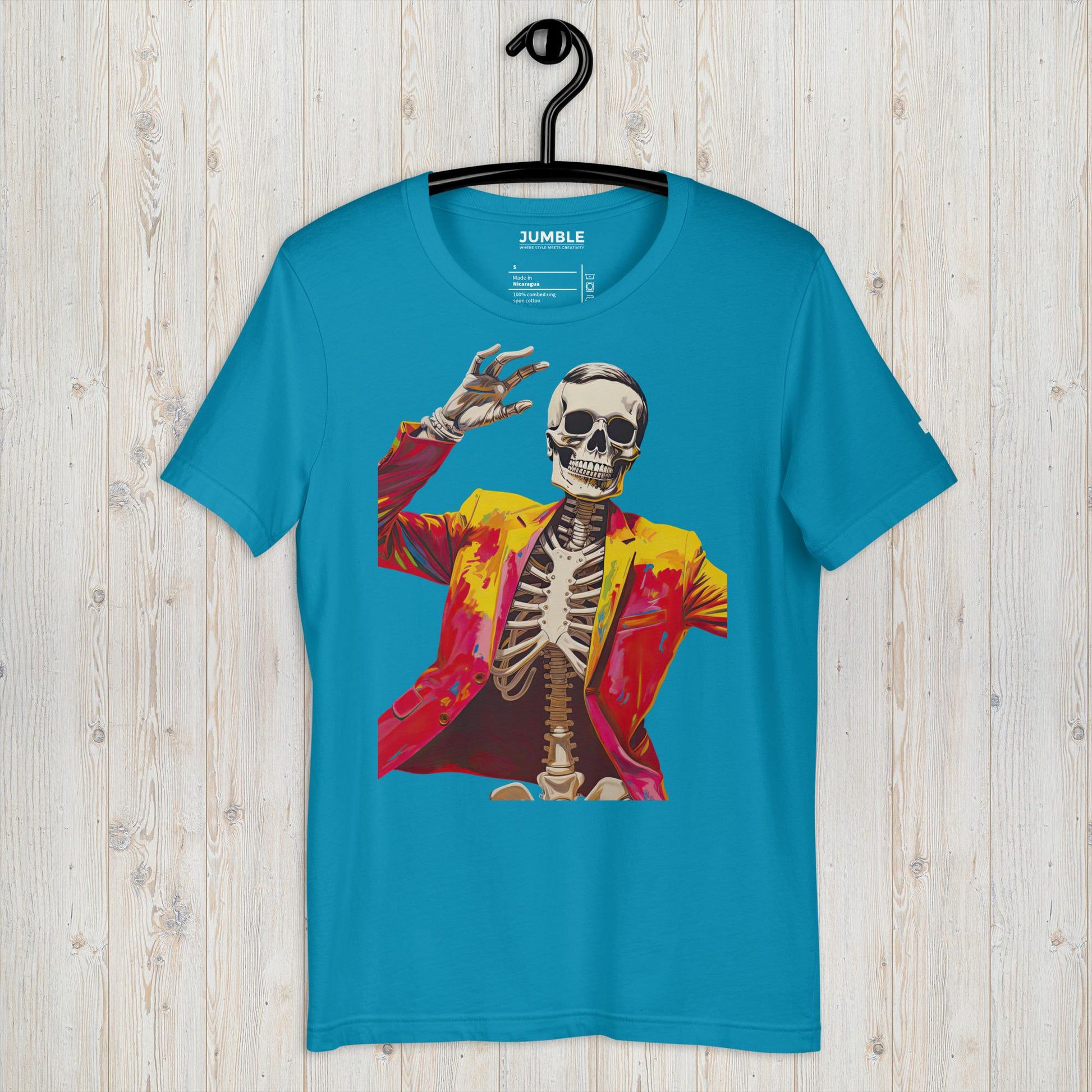 Disco Bones Unisex t-shirt in aqua, displayed on a hanger