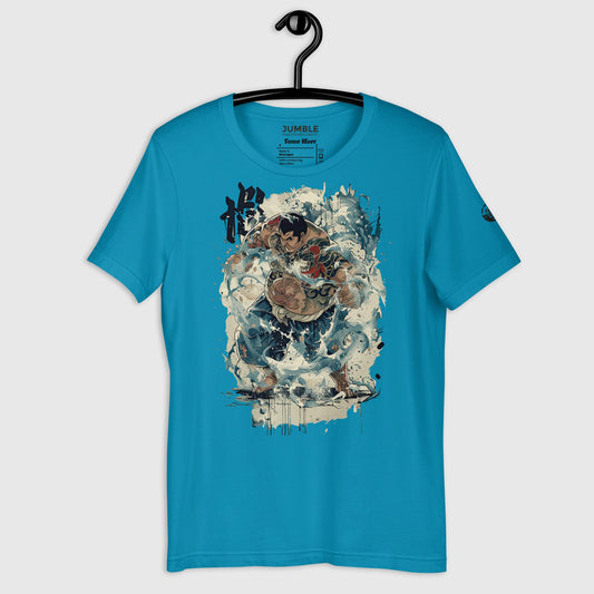 Sumo Wave Unisex t-shirt in aqua displayed on a hanger