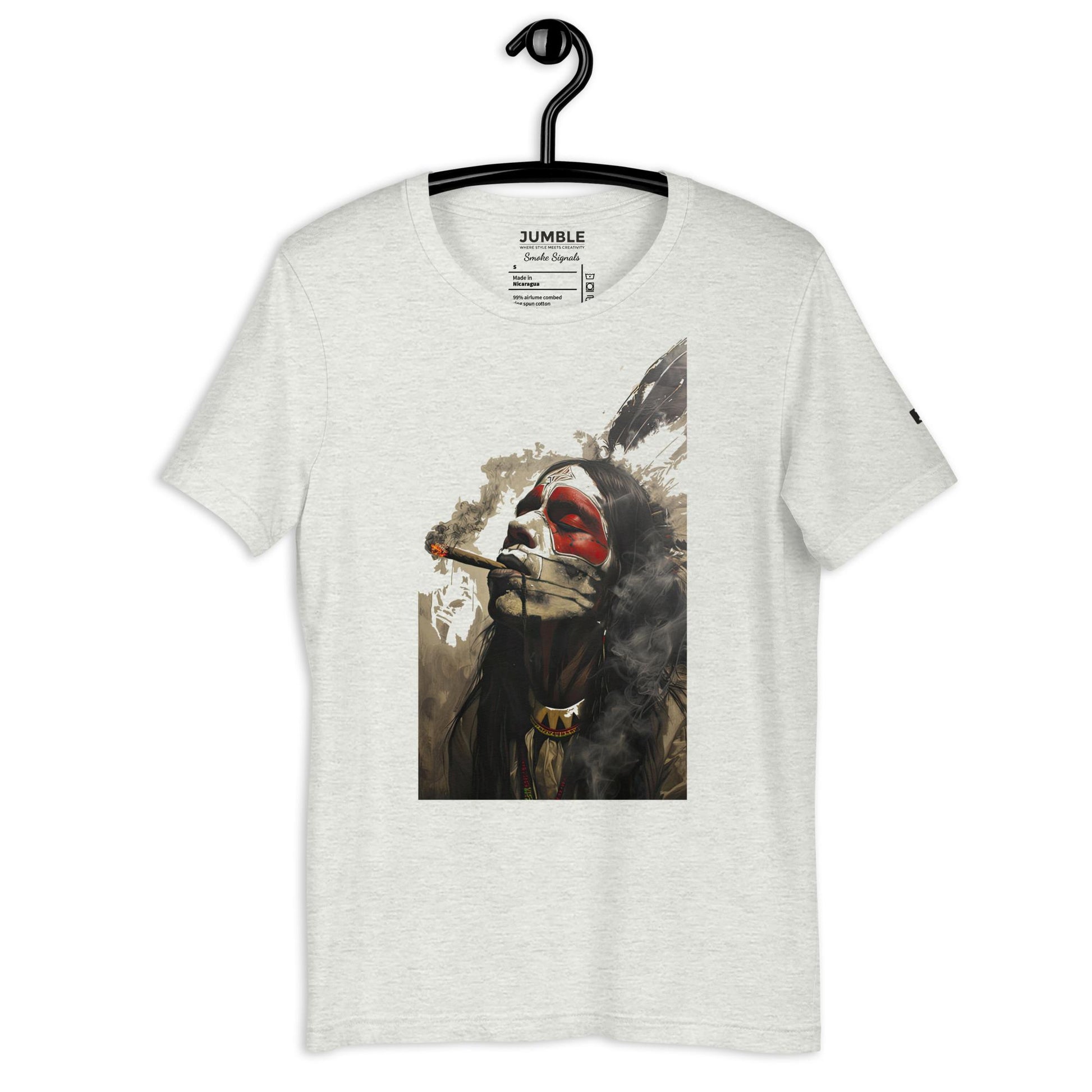 ash colour Smoke Signals Unisex t-shirt  displayed on a hanger