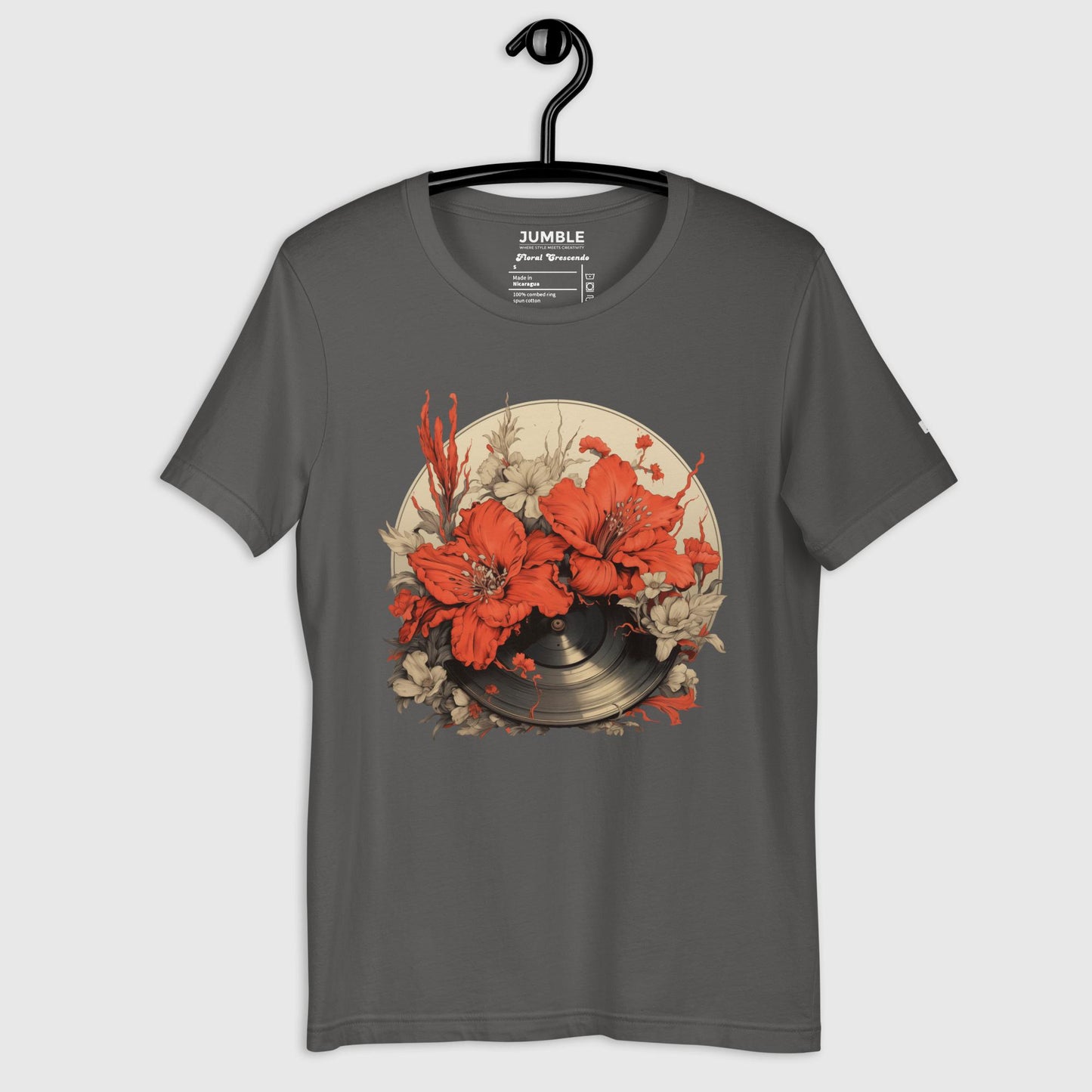 Floral Crescendo Unisex t-shirt displayed on a hanger