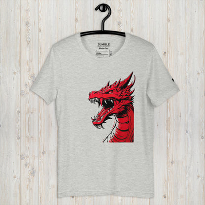 athletic heather Blazing Fury Unisex t-shirt displayed on a hanger