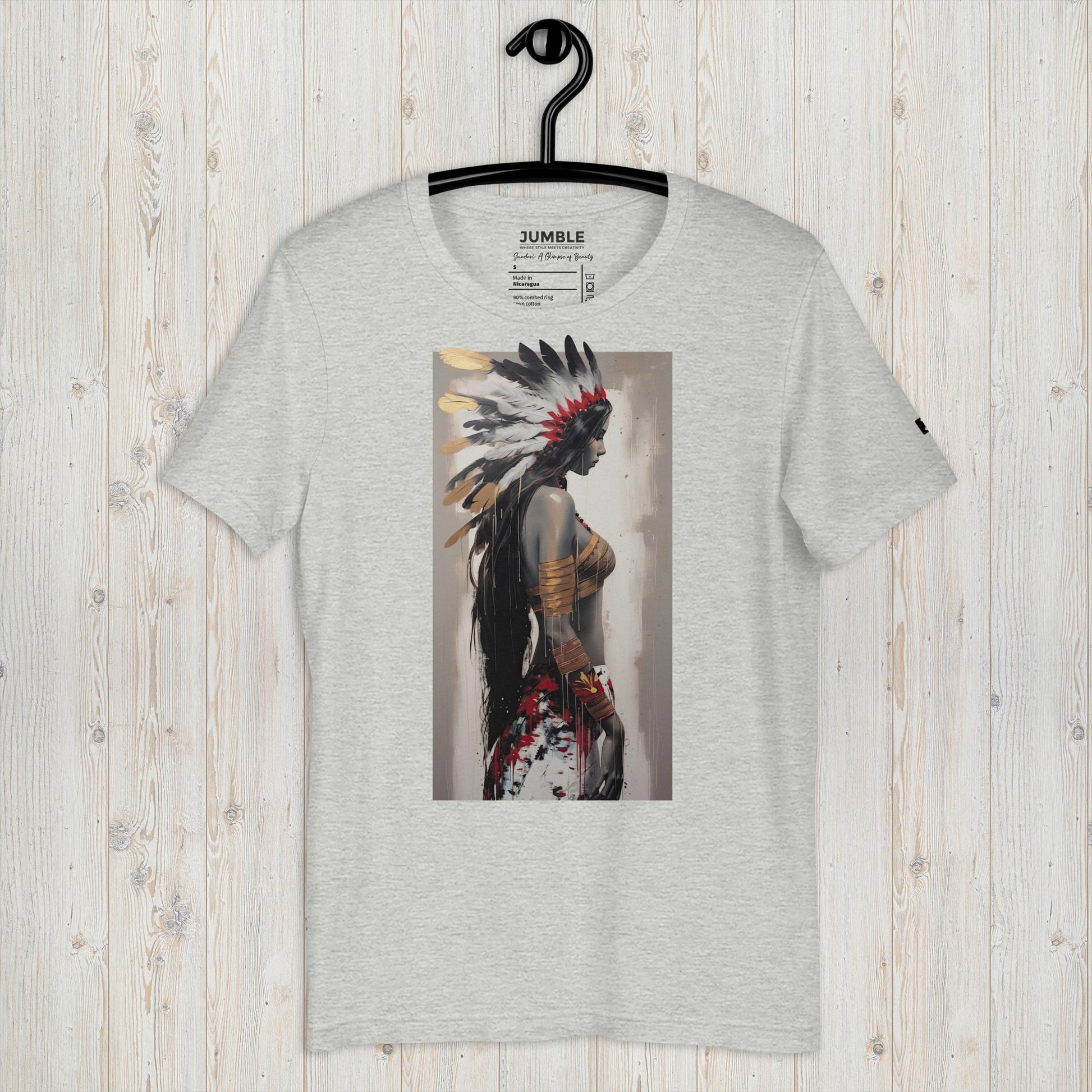 athletic heather Sundari: A Glimpse of Beauty Unisex t-shirt displayed on a hanger
