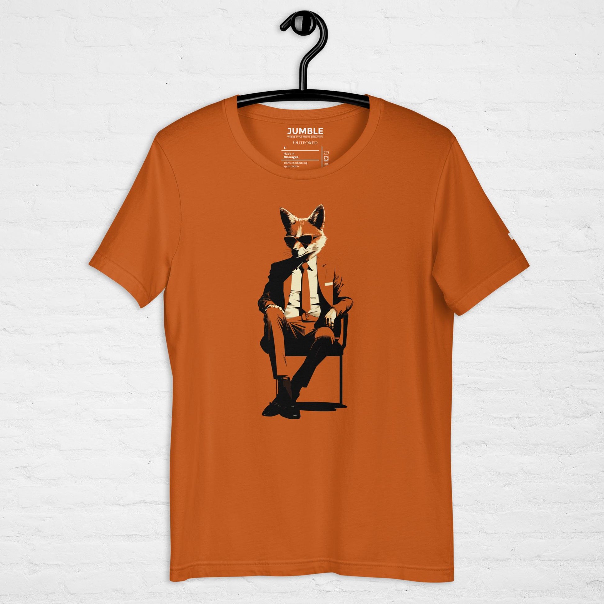 autumn Outfoxed  Unisex t-shirt on a hanger