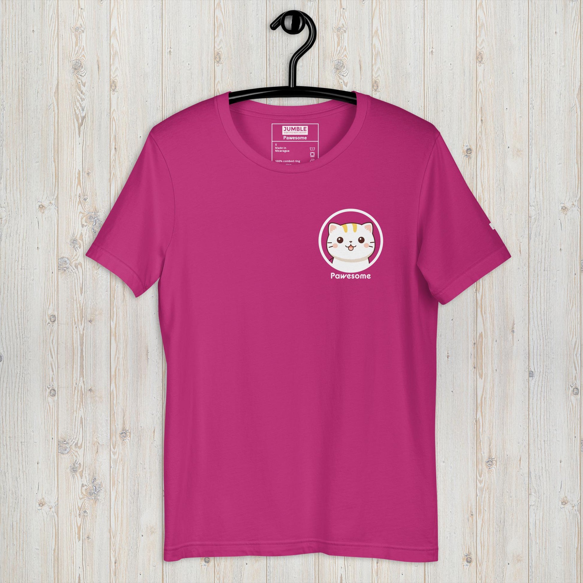 Pawesome Unisex t-shirt in berry on hanger
