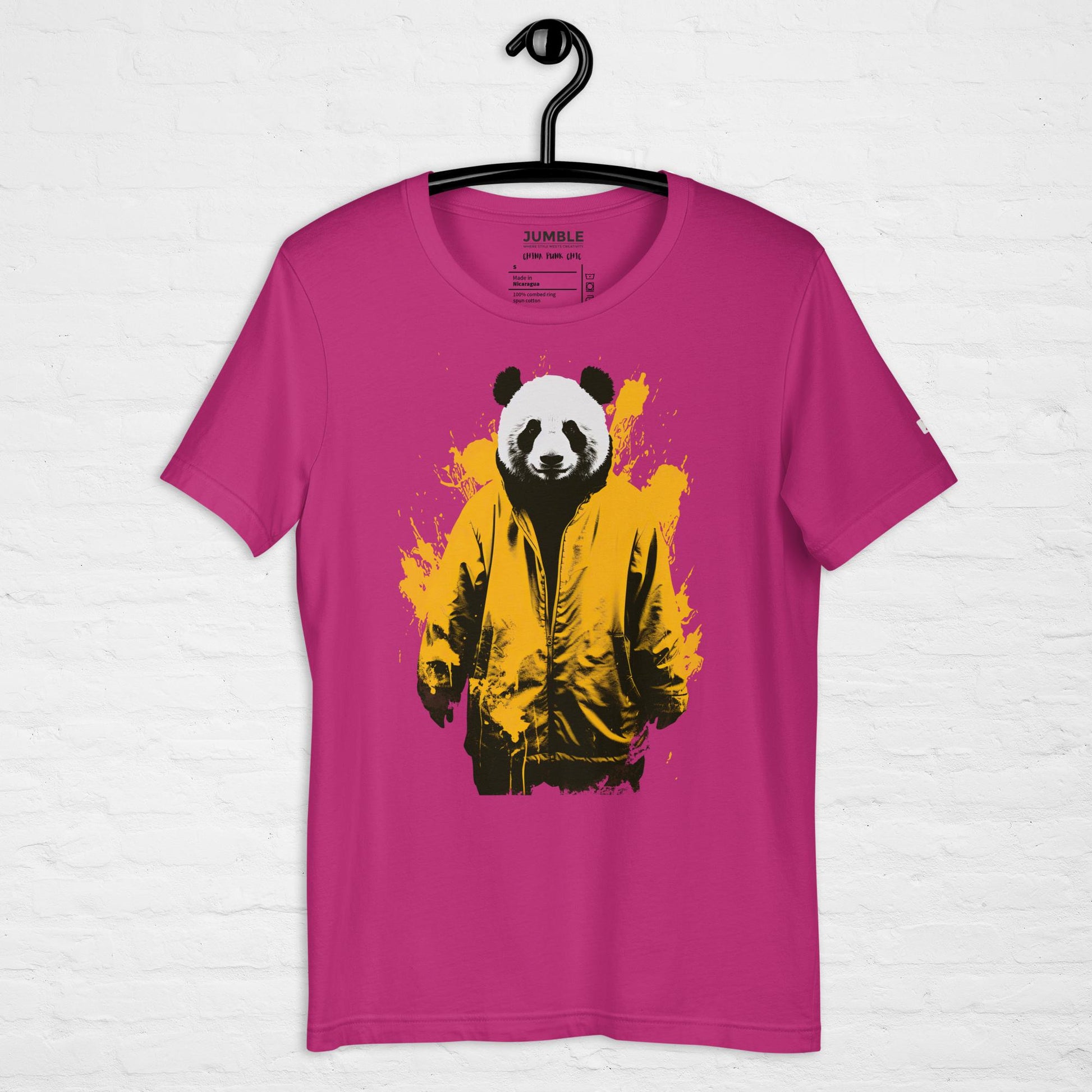 China Punk Chic Unisex t-shirt, in berry. Displayed on hanger