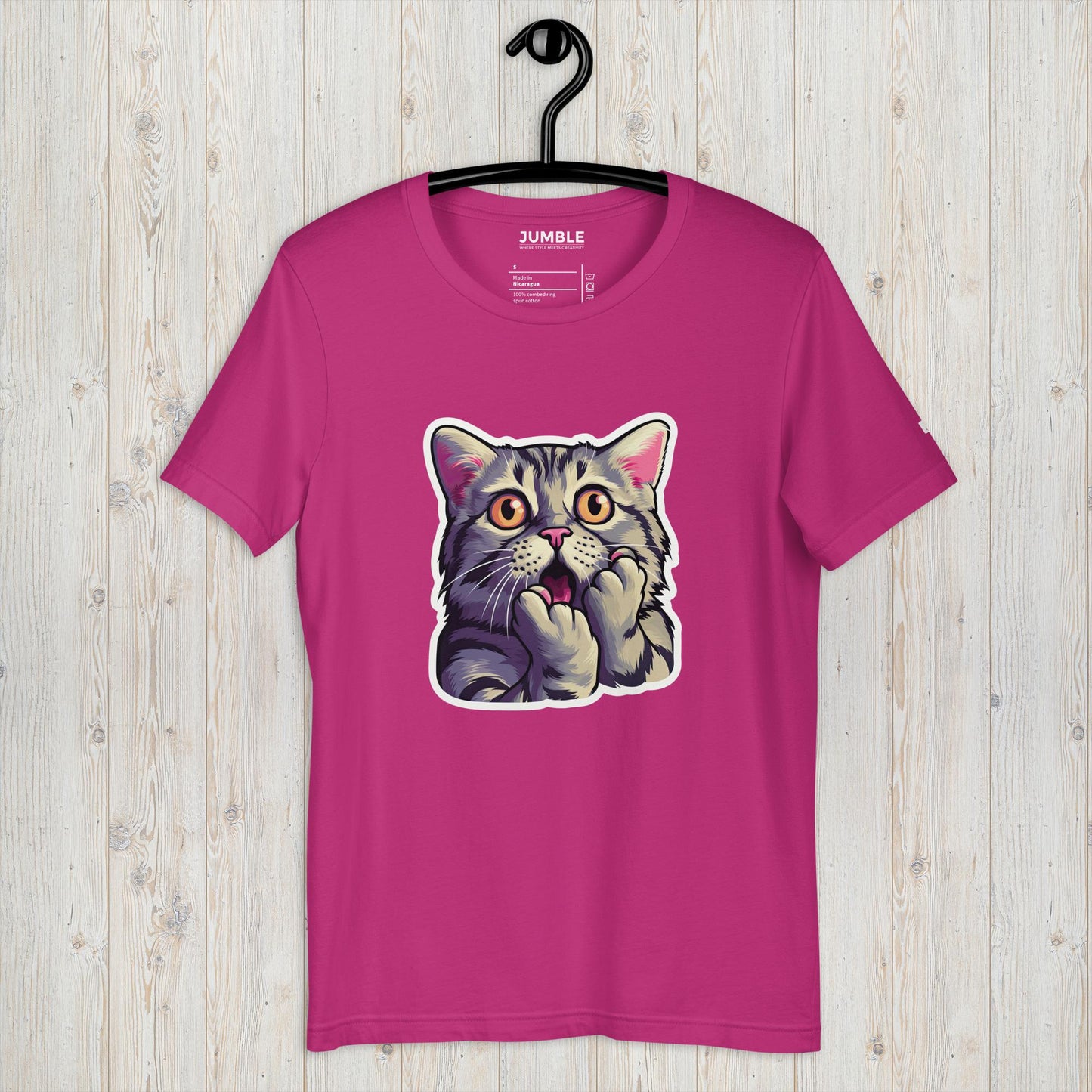 berry Cat-astrophic Surprise Unisex t-shirt displayed on a hanger