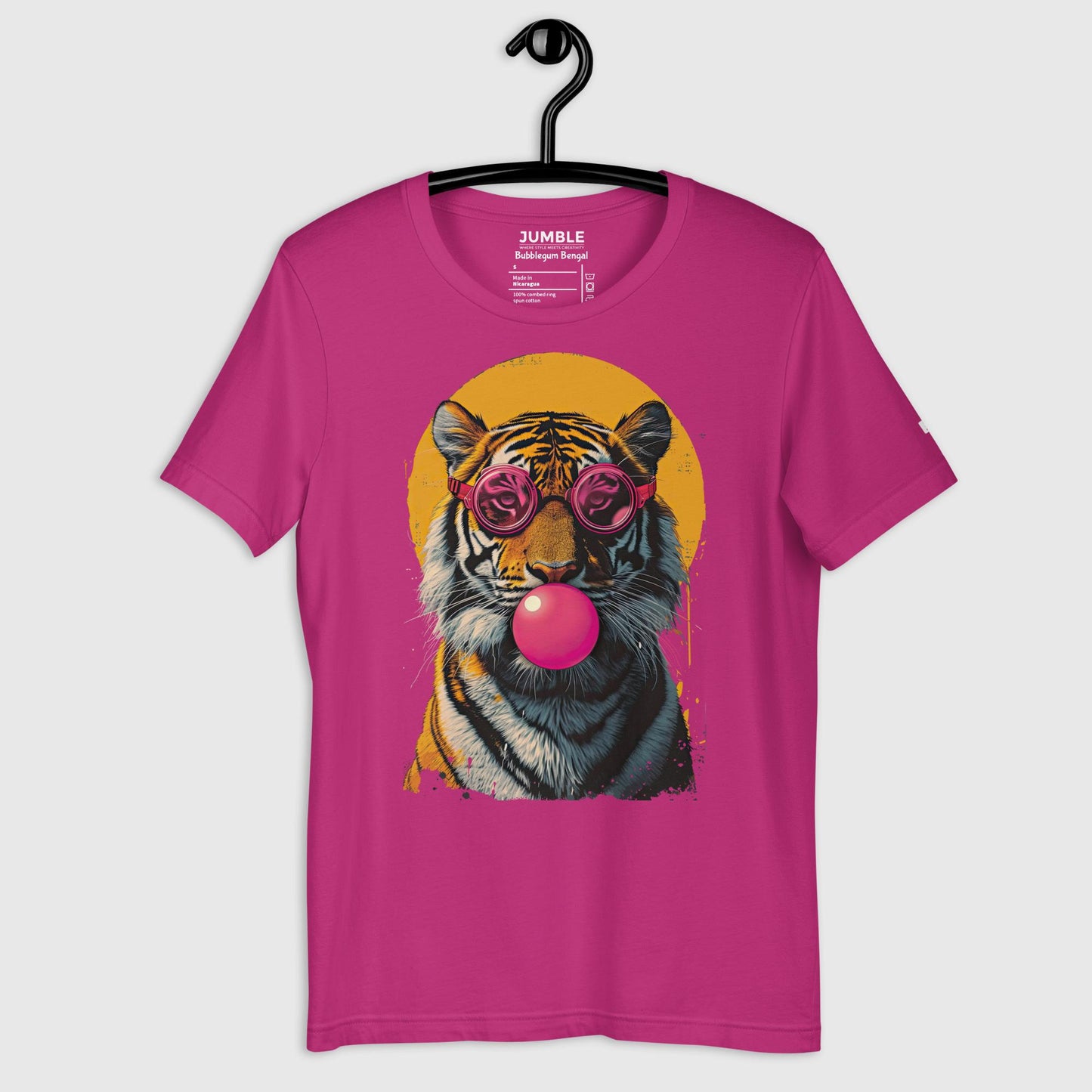 Bubblegum Bengal Unisex t-shirt displayed on a hanger
