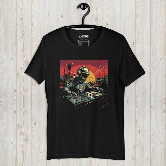 Astral Grooves Unisex t-shirt on hanger, in black