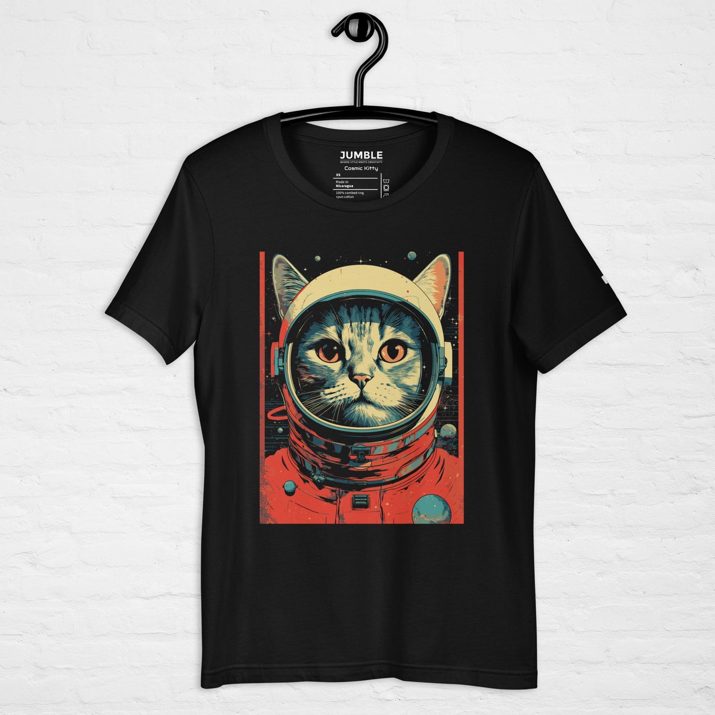 black Cosmic Kitty Unisex t-shirt displayed on a hanger