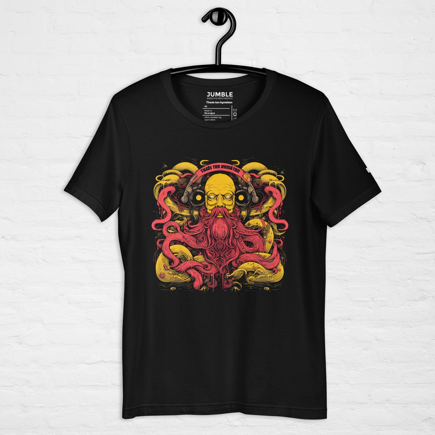 black God of Waves Unisex t-shirt on a hanger