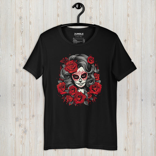 black La Catrina Rose Unisex t-shirt displayed on a hanger