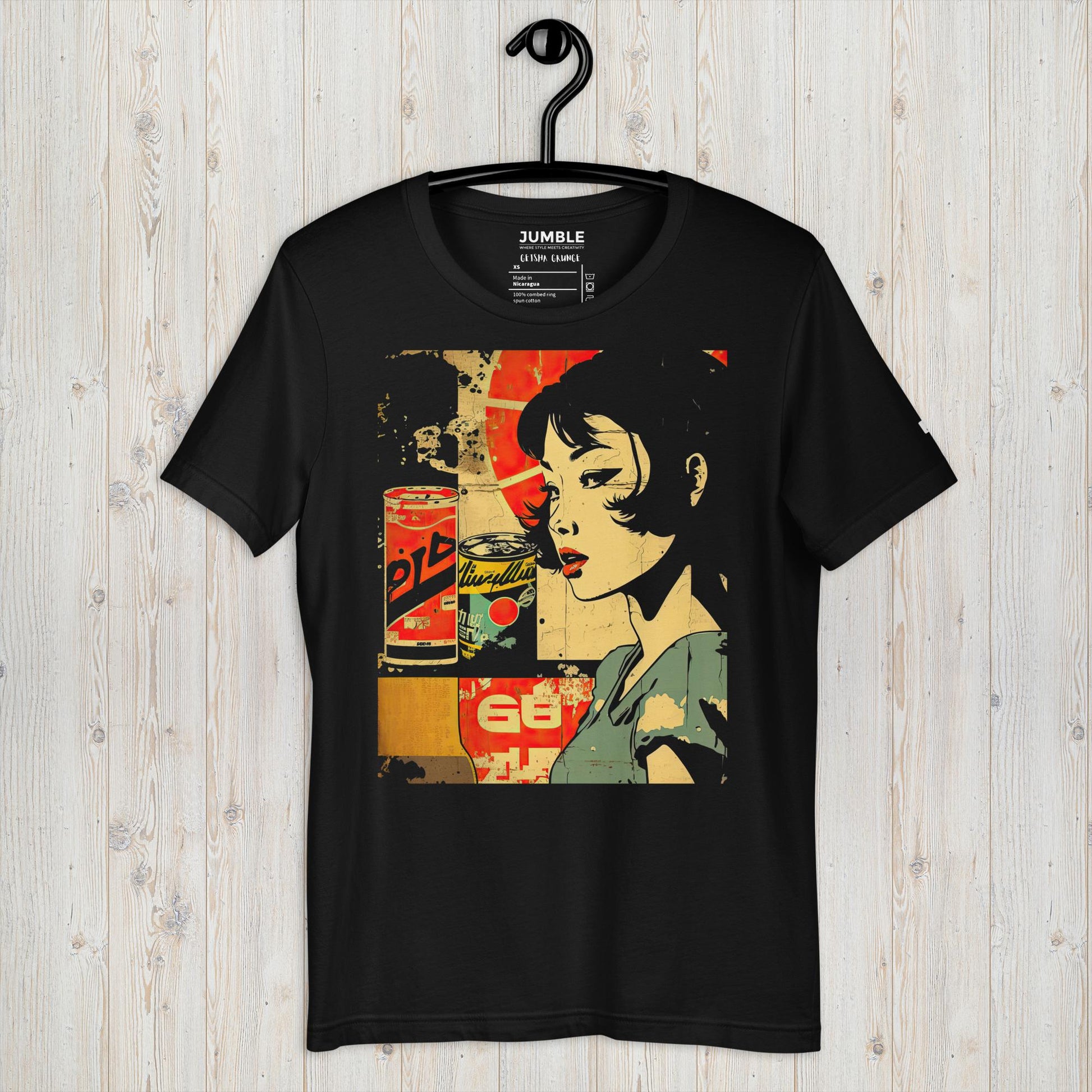 black Geisha Grunge Unisex t-shirt displayed on a hanger
