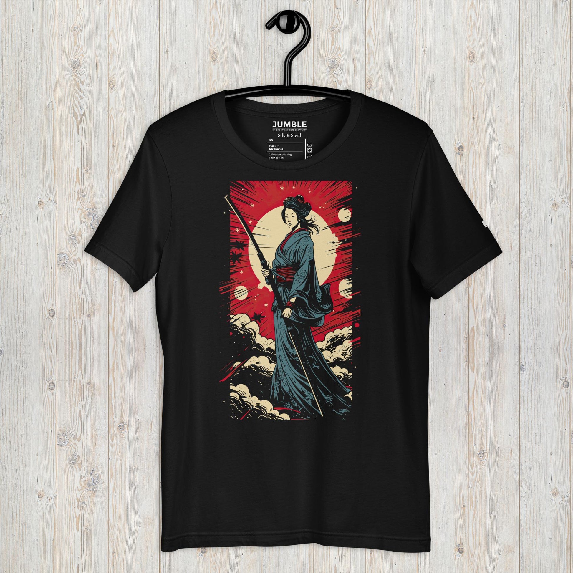 black Silk and Steel Unisex t-shirt displayed on a hanger