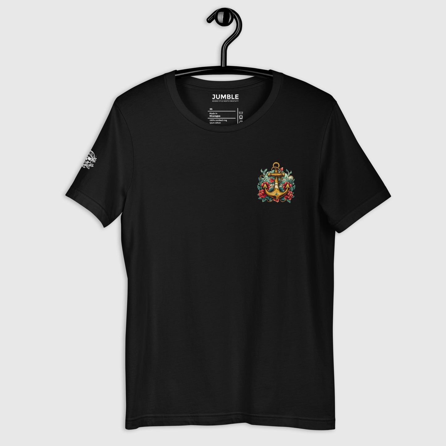 front of black Doomed Desolation Unisex t-shirt displayed on hanger