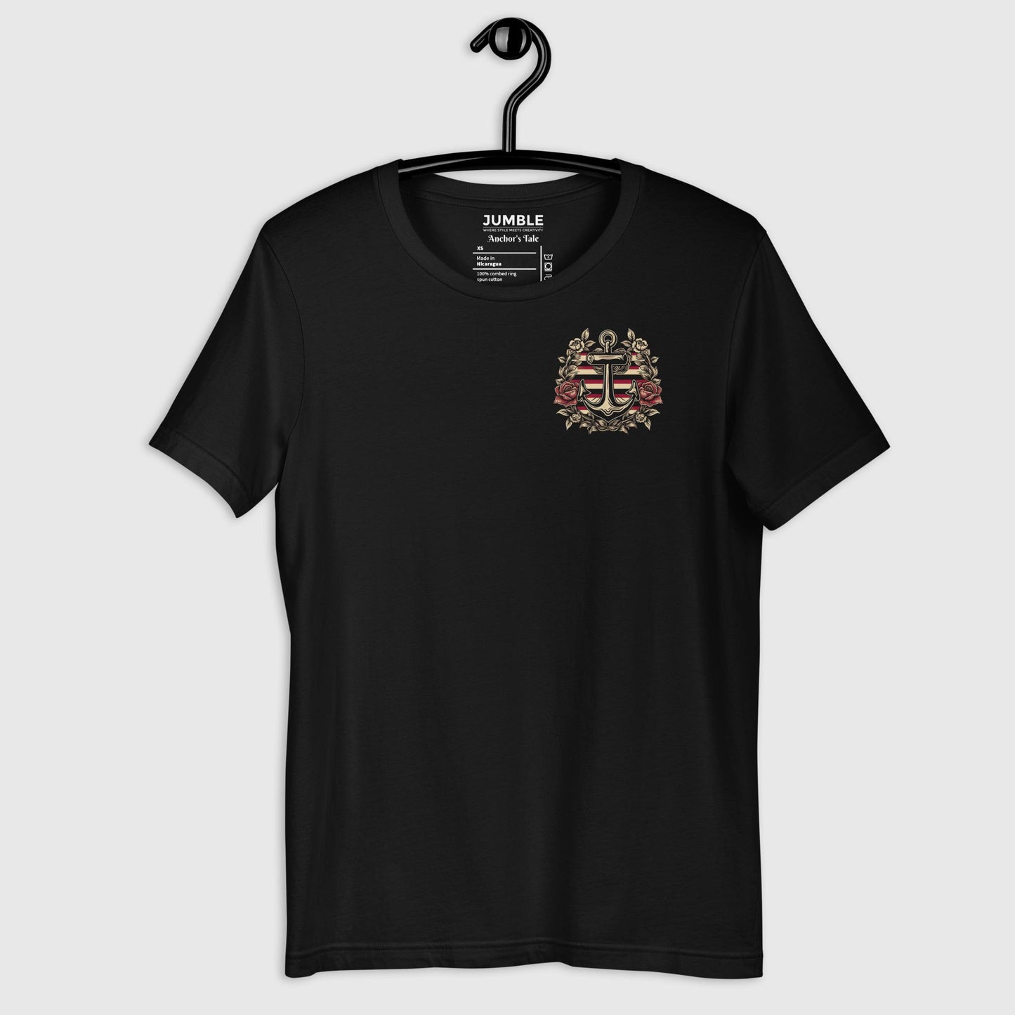 black Anchor's Tale Unisex t-shirt on a hanger