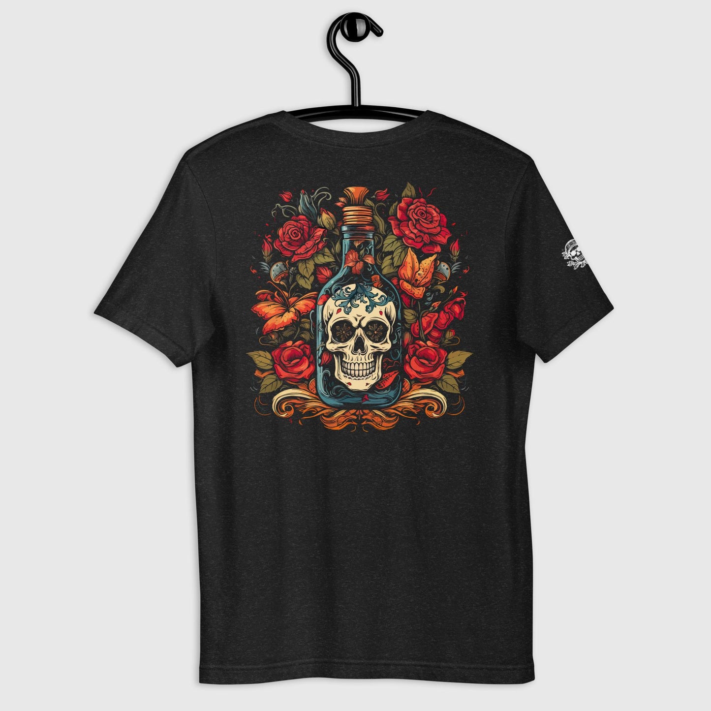 back view of black heather Doomed Desolation Unisex t-shirt displayed on a hanger