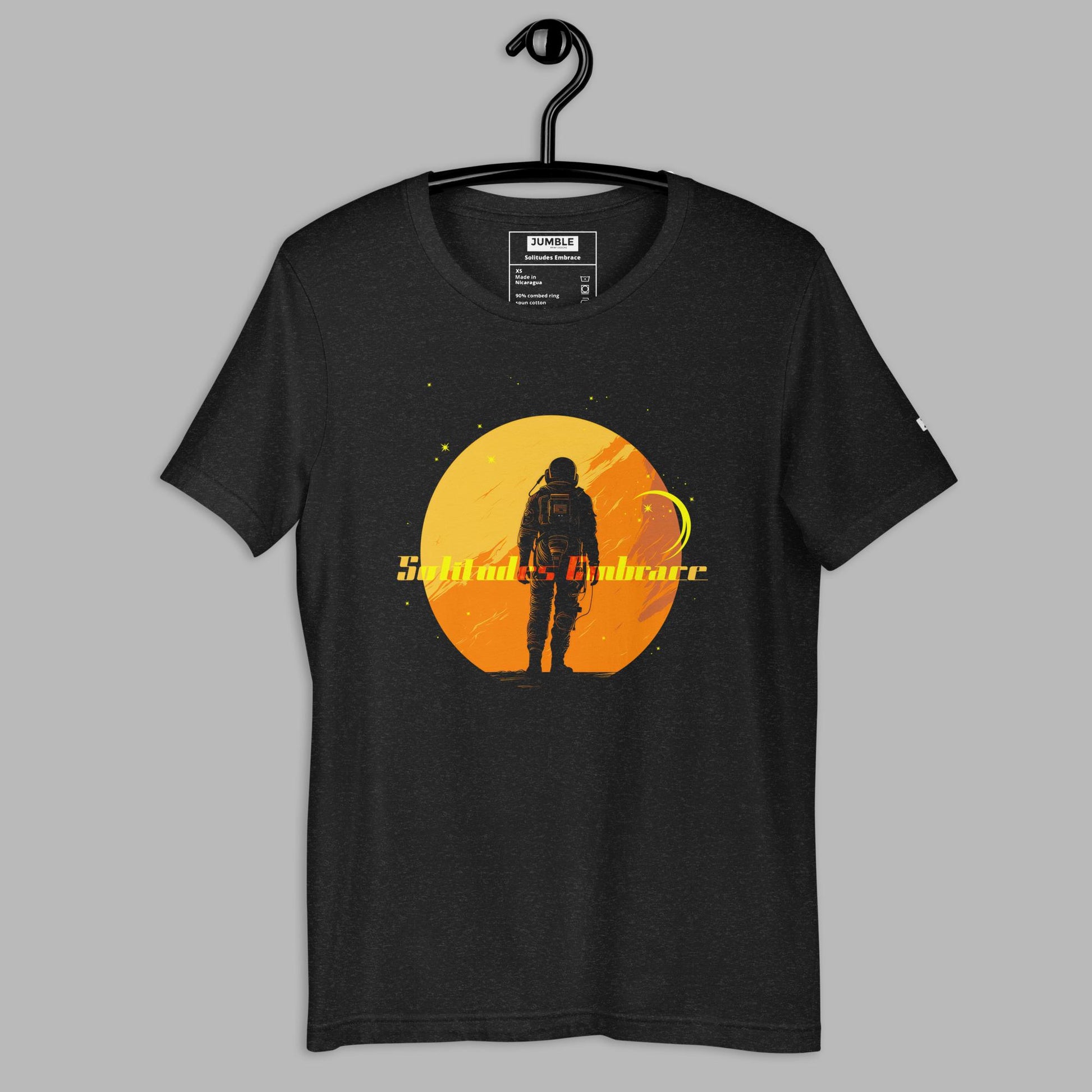 Solitudes Embrace Unisex t-shirt- in black heather- on hanger