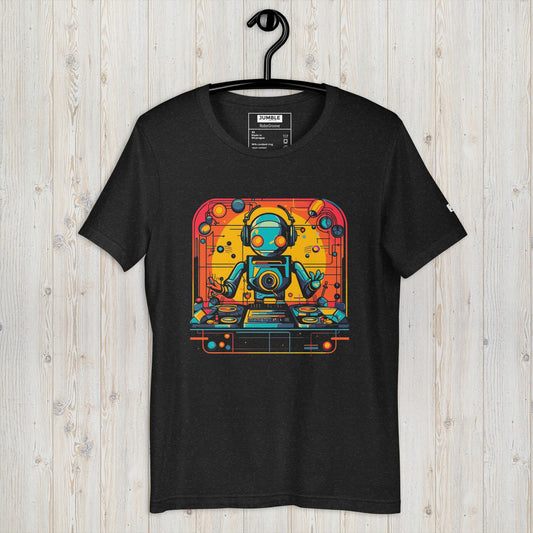 RoboGroove Unisex t-shirt in black heather displayed on a hanger